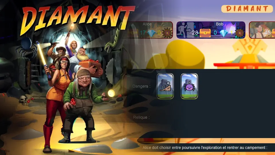 Miniature du projet d'implémentation de Diamants en Python. Il y a une image de la boîte du jeu de société + une capture d'écran du jeu