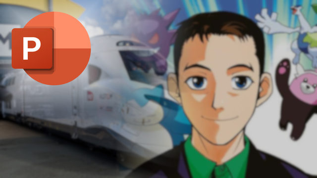 Illustration avec comme fond : TGV M / Pokémon + un logo PowerPoint par dessus