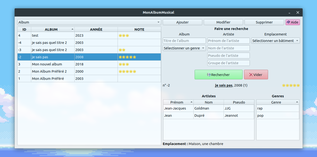 Affichage des informations d'un album : son titre, ses artites, sa note...