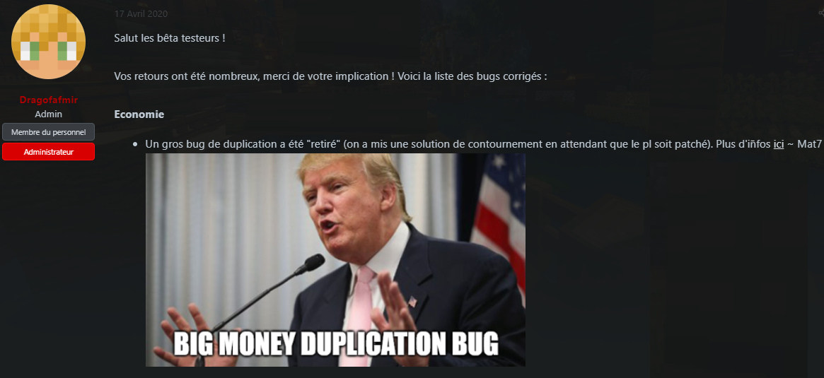 Capture d'écran concernant le bug sur le devblog